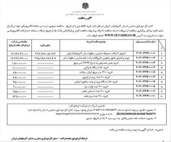 آگهی مناقصه عمومی اداره کل نوسازی، توسعه و تجهیز مدارس استان آذربایجان شرقی
